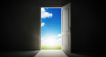 Ethereal gateway ajar unveiling radiant sky and verdant fields beyond the threshold of hope