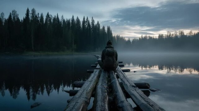 A lone person sits on a weathered log bridge over a calm, misty lake with a pine forest in the background at dawn.