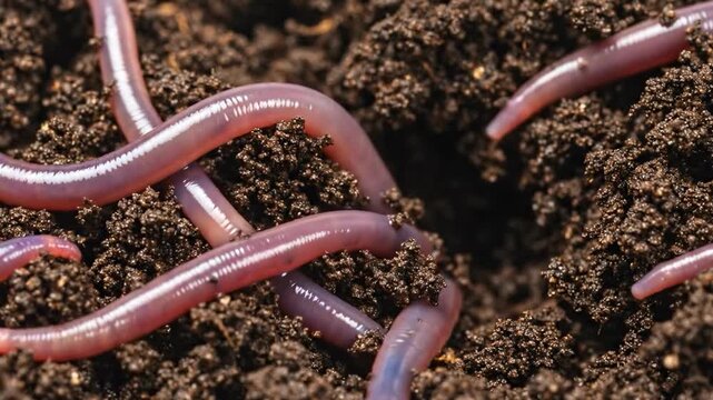 Video Footage of Red Worms Wriggling in Dark Fertile Soil - Macro Vermiculture Concept for Organic Fertilizer and Waste Decomposition