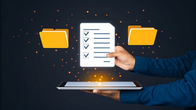 Digital document transfer concept with checklist file and folders above tablet