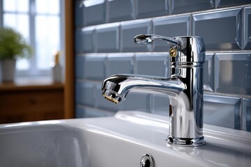 Sleek chrome faucet on white sink, blue subway tiles, modern bathroom design.