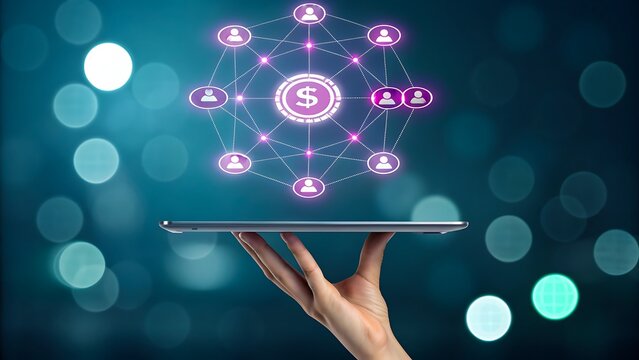 Digital finance network with currency symbol floating above tablet - Powered by Adobe
