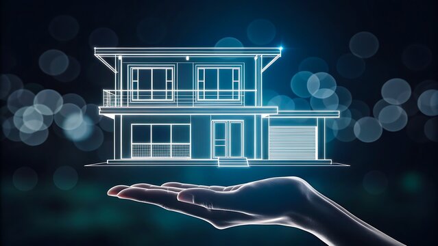 Smart home digital hologram floating above hand in blue light