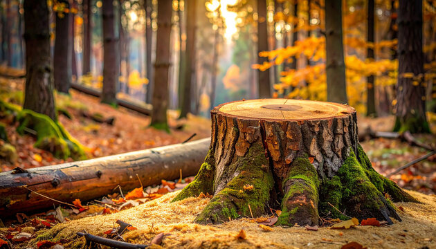Fresh tree stump in quiet forest, sawdust scattered around, fallen branch nearby, blurred background - Powered by Adobe