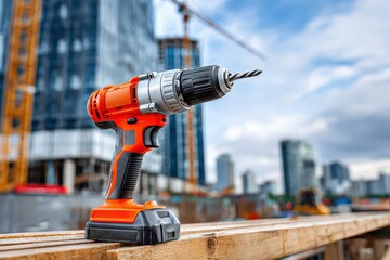 A cordless drill stands ready against the backdrop of a modern building under construction, showcasing power tools used in urban development and construction industry.