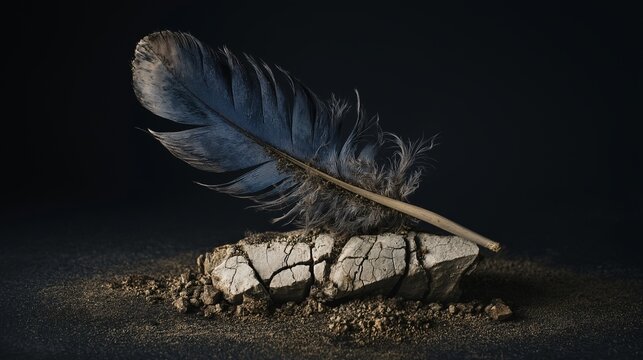 Feather rock cracked ground heavy contrast dark dramatic surreal texture. single feather rests cracked rock creating surreal and dramatic contrast between lightness and heaviness dark setting