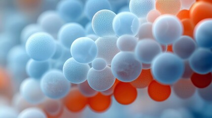 A close-up, abstract view of a cluster of spheres in various shades of blue, white, and orange. The spheres have a soft, textured surface and are arranged in a