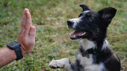 Dog training session high five positive reinforcement happy black and white dog learning trick outdoors with owner hand visible