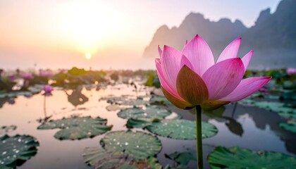 Pink lotus flower blooms in a serene lake at sunrise, mountains in the background, misty morning atmosphere