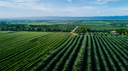 Fototapeta premium Sweeping Aerial Drone Shot Of Vast Geometric Pineapple Plantation