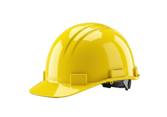 A new brilliant yellow construction hard hat with a glossy surface isolated on a transparent background with copy space. Concept of professional safety standards