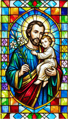 Saint Joseph and Child Jesus – Colorful Stained Glass Sacred Catholic Artwork