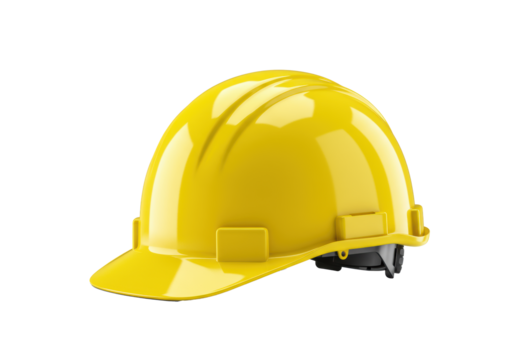 A new brilliant yellow construction hard hat with a glossy surface isolated on a transparent background with copy space. Concept of professional safety standards