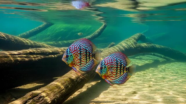 Vibrant discus fish swim gracefully through clear waters showcasing stunning patterns and colors.