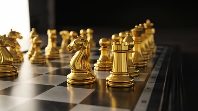 Golden chess pieces gleaming on a black and white checkered board, casting reflections