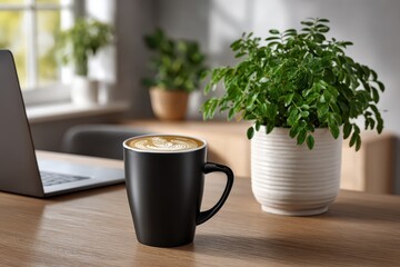 A cozy workspace with a laptop, a cup of coffee with latte art, and a potted plant, creating a relaxing and productive atmosphere for working from home, business meetings.