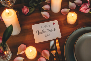 Romantic Valentine's dinner setting with candles, rose petals, and a sweet card for a memorable date night, creating an atmosphere of love and celebration