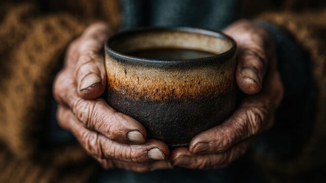 Elderly wrinkled hands gently cradling a rustic ceramic cup filled with warm beverage, showcasing the beauty of age and craftsmanship in a serene, cozy atmosphere