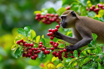 An olive baboon perched in a tree, carefully selecting ripe red berries, surrounded by lush green foliage in its natural habitat, showcasing the beauty of wildlife.