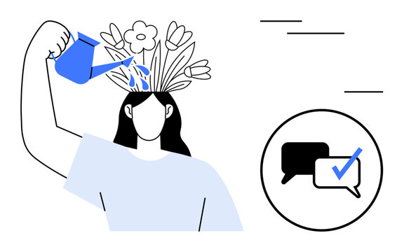 Woman watering flowers growing from her head, symbolizing personal growth, creativity, and self-care. Messaging icon with a checkmark represents communication, teamwork, and positive affirmation