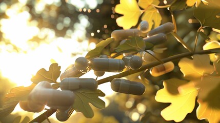 Capsules clustered on a branch with sunlit foliage. Close-up in soft focus