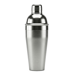 A professional stainless steel cobbler cocktail shaker with brushed and chrome finishes, isolated on a transparent background. Concept for luxury barware advertising