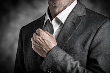 Professional man adjusting his stylish dark grey suit and white striped shirt.