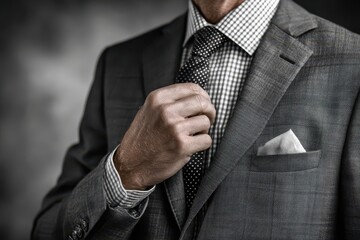 A stylish man in a textured suit adjusts his classic polka dot tie gracefully.