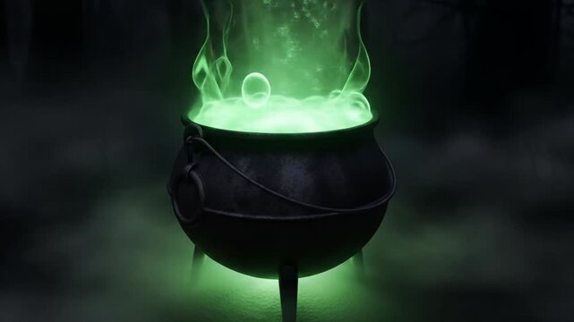 A mysterious black cauldron bubbles with a glowing green magic potion, releasing thick smoke for a spooky Halloween spell