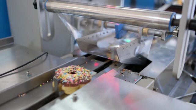 Industrial food production line wrapping fresh donuts with chocolate frosting in plastic packaging