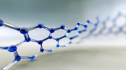 A close-up, abstract 3D render of a blue molecular structure chain with spherical nodes and connecting rods, extending into a softly blurred background. The lig