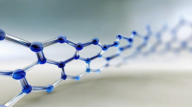 A close-up, abstract 3D render of a blue molecular structure chain with spherical nodes and connecting rods, extending into a softly blurred background. The lig - Powered by Adobe