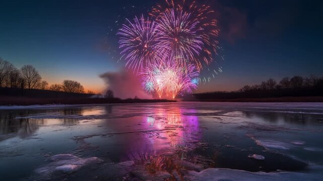 Colorful Fireworks Display Over Frozen Lake at Dusk with Reflections photo image