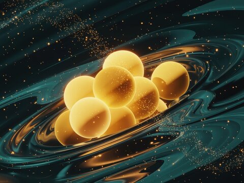 Sphere cluster with glowing particles on swirl background