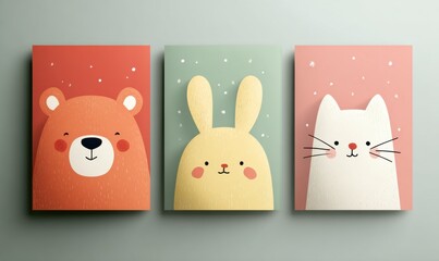 Three cute animal illustrations on canvases with a bear, rabbit, and cat on pastel backgrounds. Greeting cards template