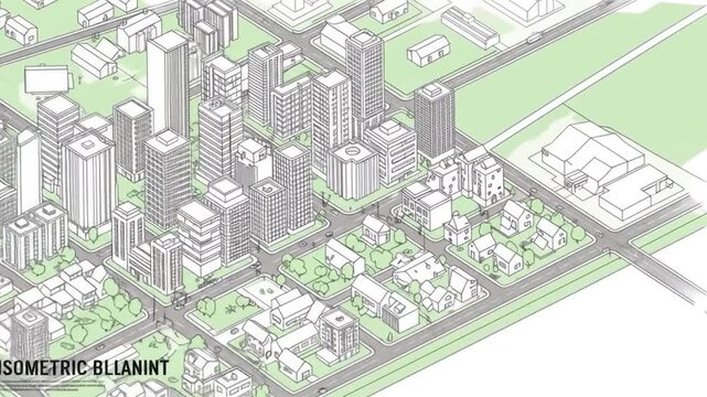 Isometric drawing of a city with residential and commercial buildings, roads, and greenery