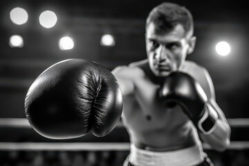 Focused boxer in dramatic black and white delivering an intense punch.