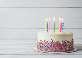 Delicious birthday cake with colorful sprinkles and lit candles on a wooden table