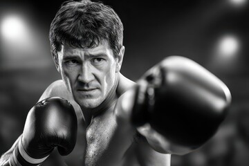 Intense black and white portrait of a determined male boxer throwing a powerful punch in a gym setting.