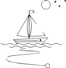 A simple line art drawing of a sailboat on water, isolated on white background
Minimalist black and white line art of a sailboat on wavy water. A circular celestial body and stars are in the sky. A wi