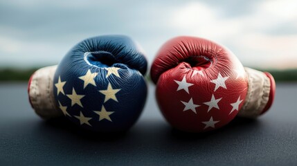 Two boxing gloves, one with the European Union flag and the other with the Chinese flag, are placed facing each other outdoors. The lighting is soft and diffuse