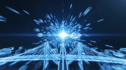 Futuristic digital cityscape featuring glowing blue wireframe bridge and buildings with neon light burst under starry sky showcasing advanced technology and dynamic urban atmosphere - Powered by Adobe