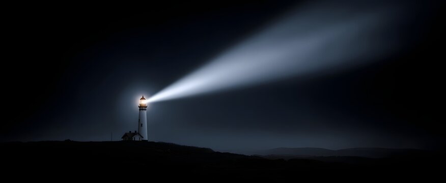 The lighthouse beam piercing the vast cold nighttime darkness with steady brilliance