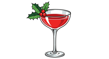 Festive red Christmas cocktail in a classic coupe glass, elegantly garnished with a sprig of holly, isolated on a white background