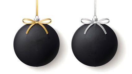 Black christmas baubles with gold and silver ribbons on white background
