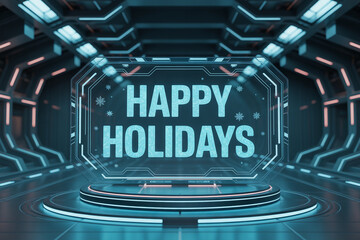 Futuristic Happy Holidays greeting with glowing snowflake accents in a sci-fi themed setting, perfect for modern seasonal promotions and technology-driven holiday campaigns