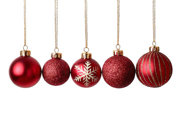 Set of five red Christmas ornament balls hanging on gold strings isolated on white background