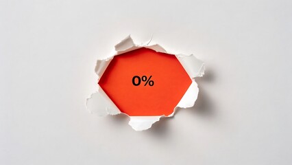 Zero percent text revealed through torn white paper opening
