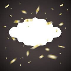 Golden Confetti Burst with Ornate Blank Label on Dark Background frame for text. Vector templates for wedding invitation, greeting card, packaging, branding, design, social or media