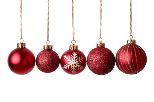Set of five red Christmas ornament balls hanging on gold strings isolated on white background